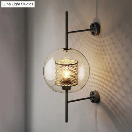 Smoke Gray Glass Colonial Sphere Wall Sconce - Black Finish Cylinder Wire Mesh Inside 8/10 Wide