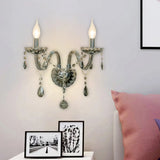 Smoke Grey Crystal Teardrop Wall Sconce Candlestick - Traditional 1/2-Bulb Light 2 / Gray