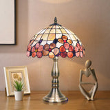 Sofia - Tiffany Brass Nightstand Lamp With Flower-Border Grid Shell Shade Brushed