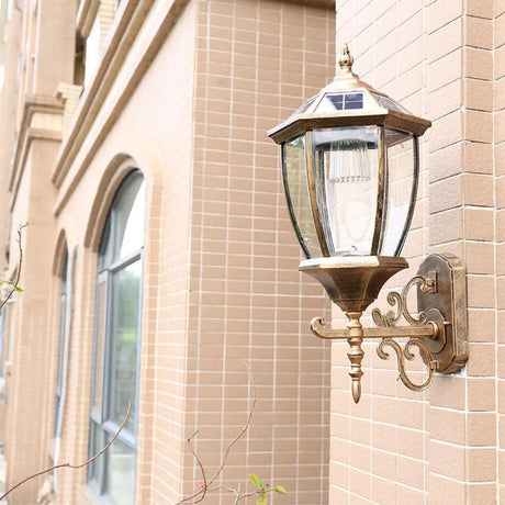 Solar Vintage House Wall Light With Metal Frame Glass Shade And Led Bulb - Outdoor Mounted Lamp