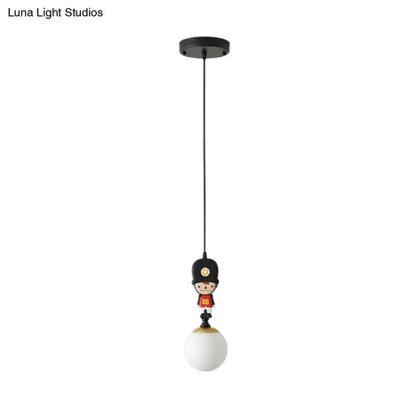 Soldier Decorated Black Pendant Lamp: Globe Glass Hanging Light With Cartoon Theme