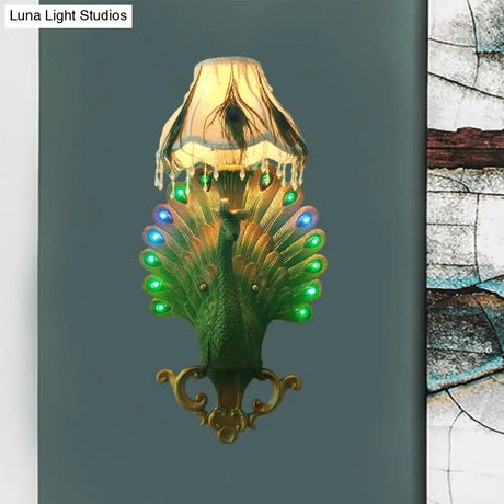 Southeast Asian Style Green Peacock Wall Sconce Light - Resin 1-Light Bedroom Mounted Fixture