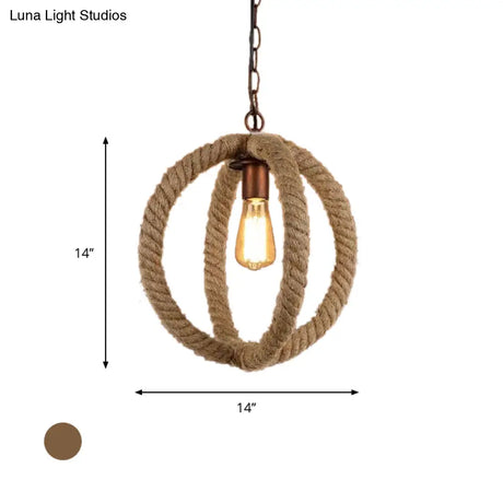 Spherical Hemp Rope Pendant Light: Industrial Chic Kitchen Ceiling Fixture In Beige