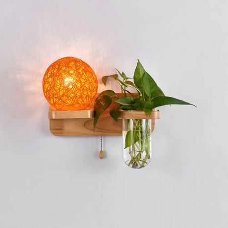 Spherical Rattan Bedside Sconce Light With Pull Chain - Modern Wood Wall Fixture Yellow-Red / Left