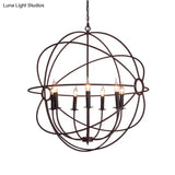 Spherical Wrought Iron Hanging Light: Antique Style Indoor Chandelier Lamp In Black/Rust With 3/6/7