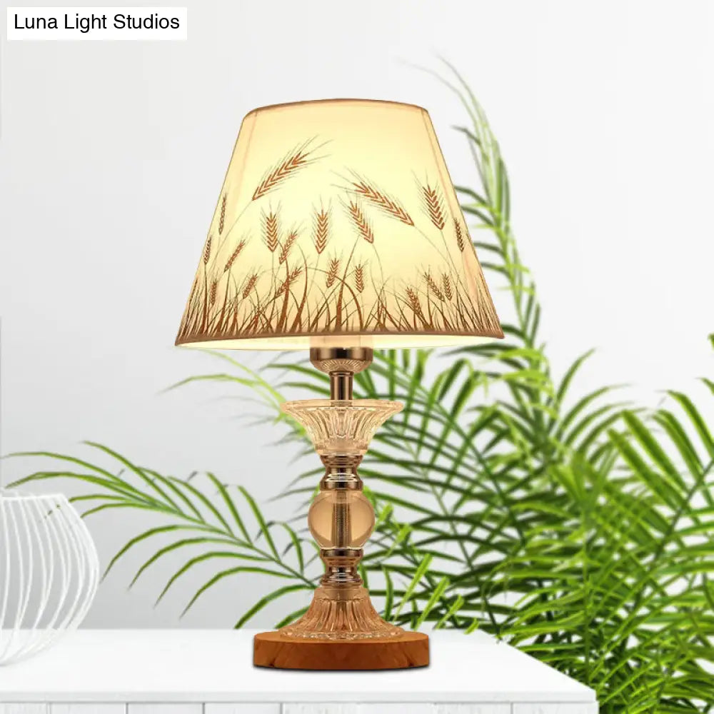 Spikelet Pattern Conic Table Lamp: Countryside White Fabric Night Light With Chrome Column Base