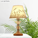 Spikelet Pattern Conic Table Lamp: Countryside White Fabric Night Light With Chrome Column Base