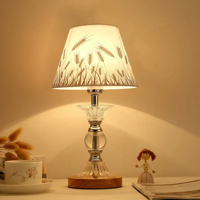 Spikelet Pattern Conic Table Lamp: Countryside White Fabric Night Light With Chrome Column Base
