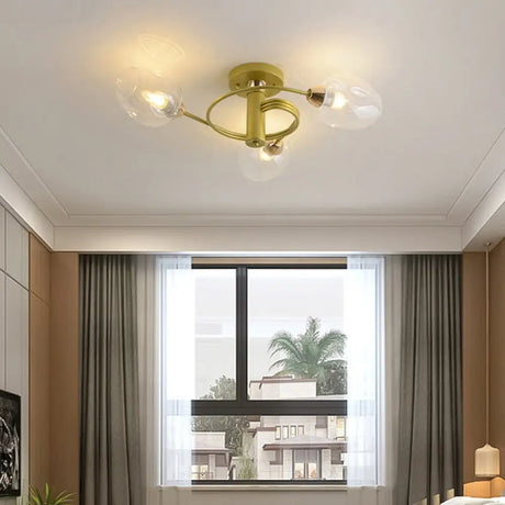 Spiraling Semi Flush Light With Dimpled Glass Shade For Postmodern Ceiling In Bedroom 3 / Gold Clear