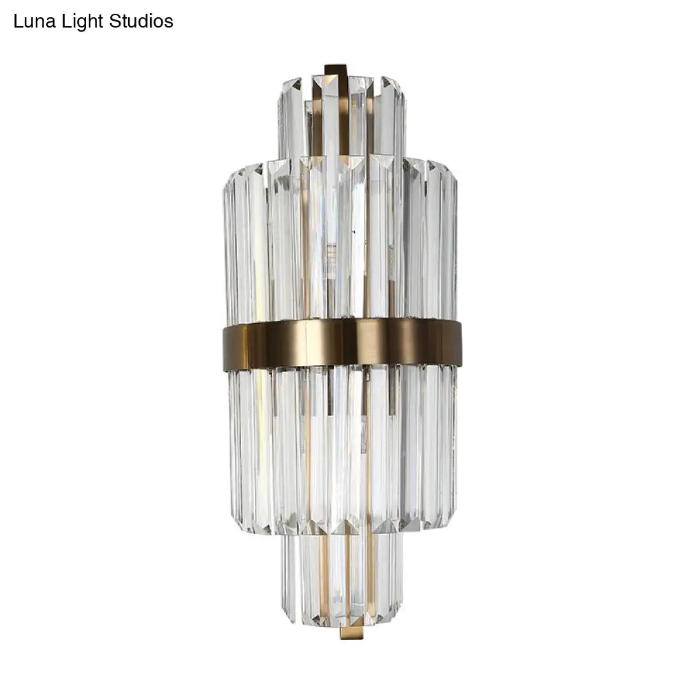 Spool Wall Sconce Light - Modern Faceted Clear Crystal Prism 2 Lights Brass Finish