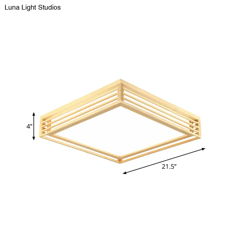 Square Acrylic Flush Ceiling Light - Asian Beige Led Fixture In Warm/White With Wood Frame