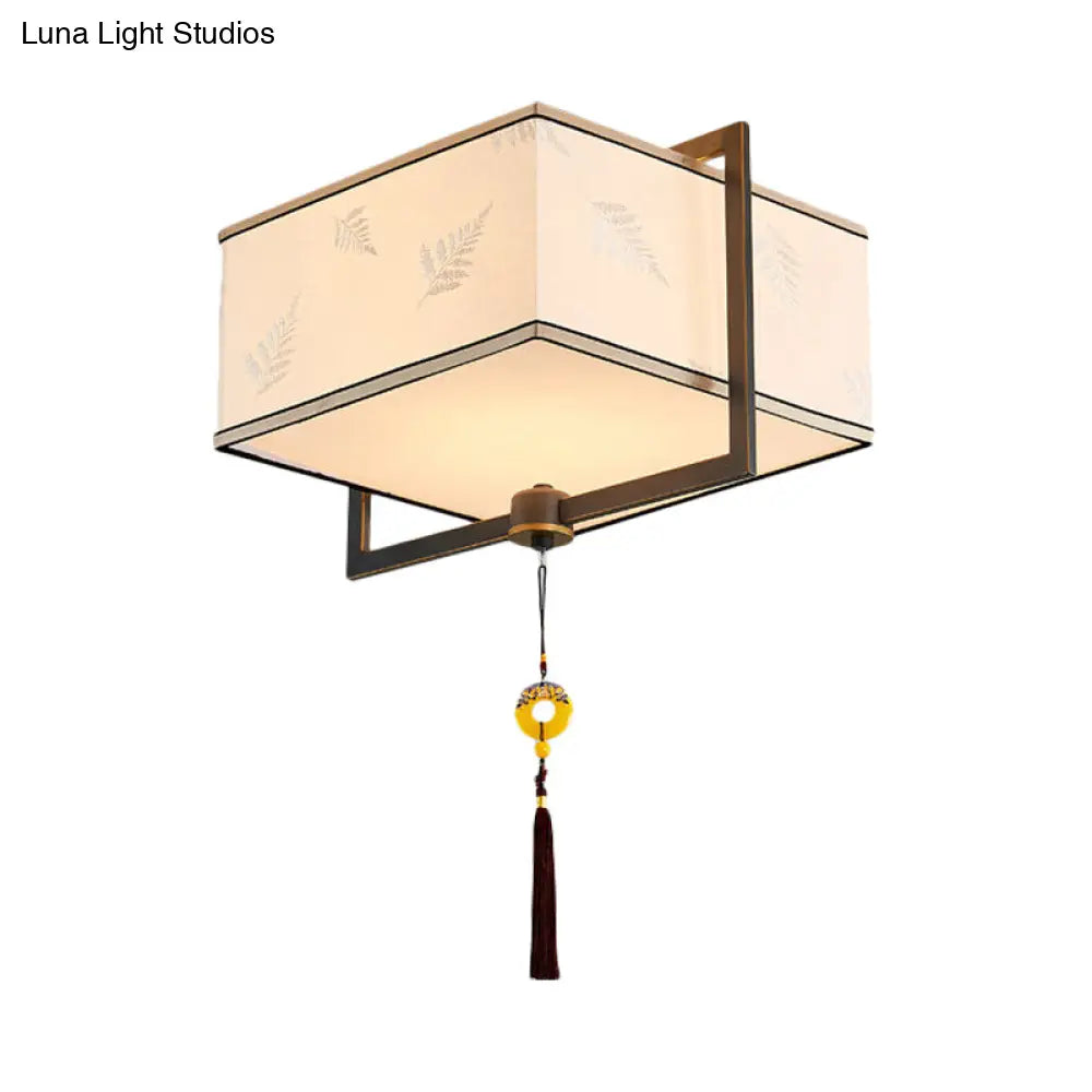 Square Flush Ceiling Light With 5 Fabric Lights – Traditional White Fixture For Bedroom
