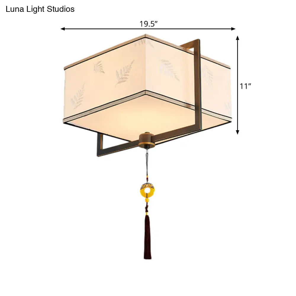 Square Flush Ceiling Light With 5 Fabric Lights – Traditional White Fixture For Bedroom