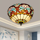 Stained Art Glass Flush Mount Ceiling Light With Traditional Bowl Shade Brown / 16’
