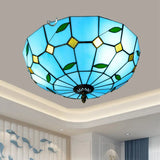 Stained Art Glass Flush Mount Ceiling Light With Traditional Bowl Shade Sky Blue / 16’