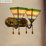 Stained Glass 2-Head Wall Sconce Light For Living Room Mission Pyramid Design