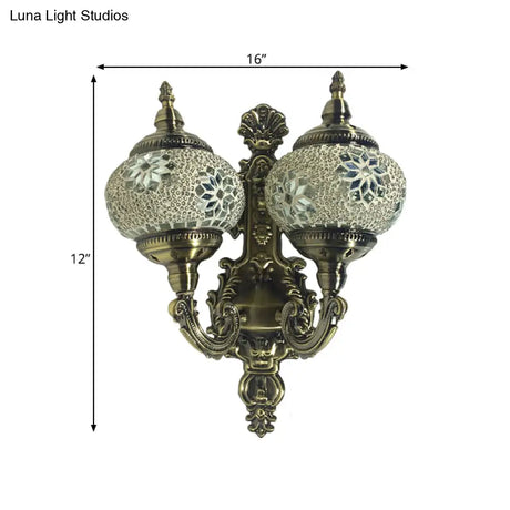 Stained Glass Ball Wall Sconce With Dual Head - Traditional Mount Light In White/Yellow/Sky Blue