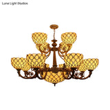 Stained Glass Beige Chandelier With Bowl Pendant & Multi Lights