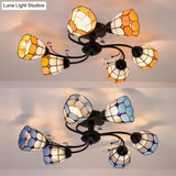 Stained Glass Bell Semi Flushmount With Crystal Decoration And Leaf/Blue Square/Sky Blue