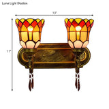 Stained Glass Bell Wall Sconce With Crystal Accents - Rustic Lodge Style In Brass (2 Lights)
