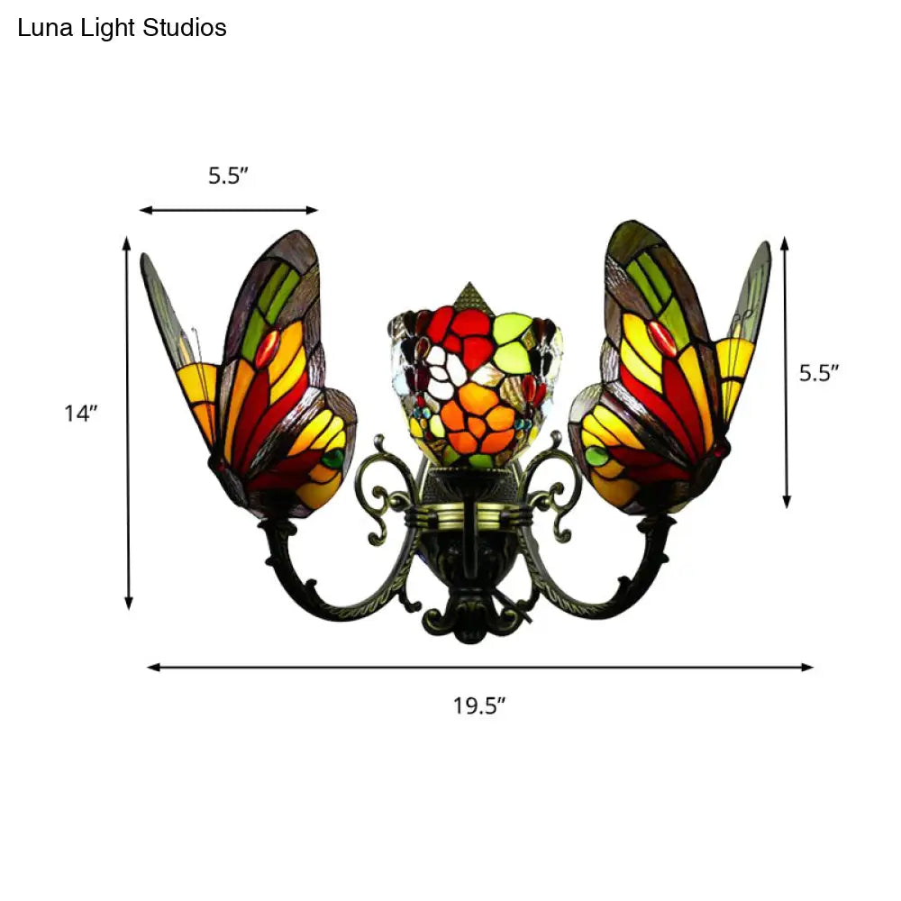 Stained Glass Butterfly Wall Sconce With 3 Heads For Living Room Lighting