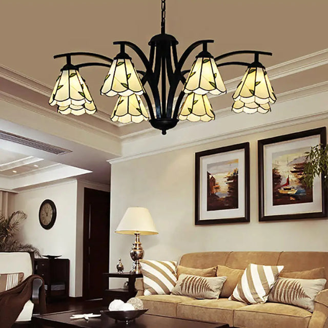 Stained Glass Cone Chandelier With Leaf Pattern - Traditional Ceiling Pendant Light In Blue/Green