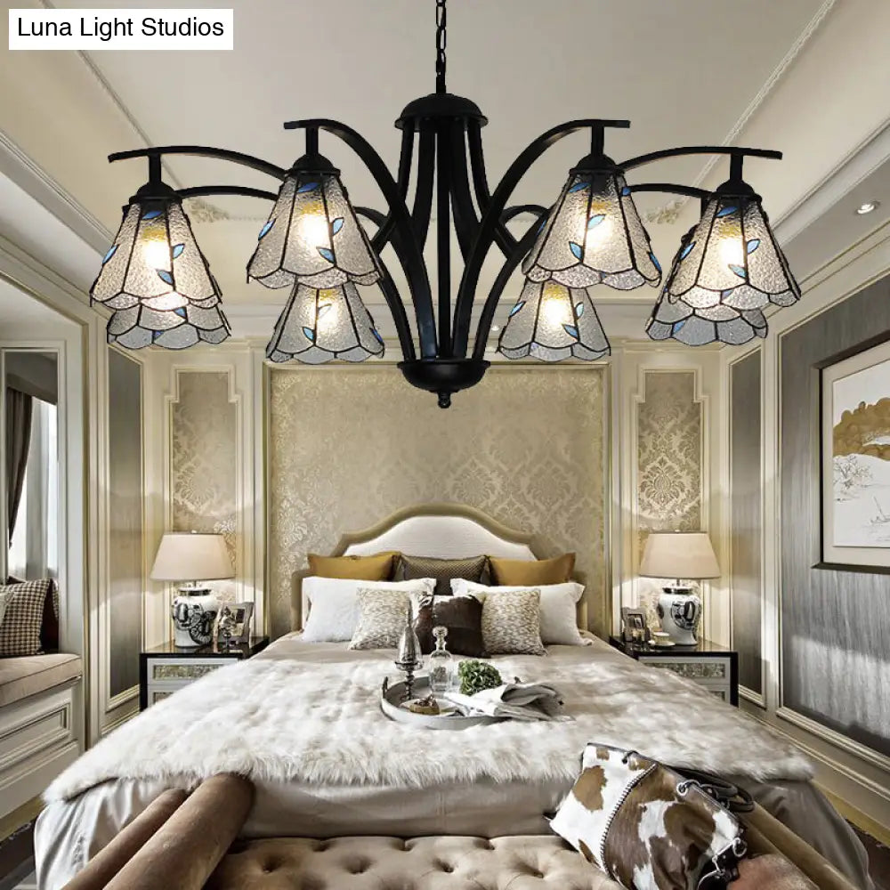 Stained Glass Cone Chandelier With Leaf Pattern - Traditional Ceiling Pendant Light In Blue/Green
