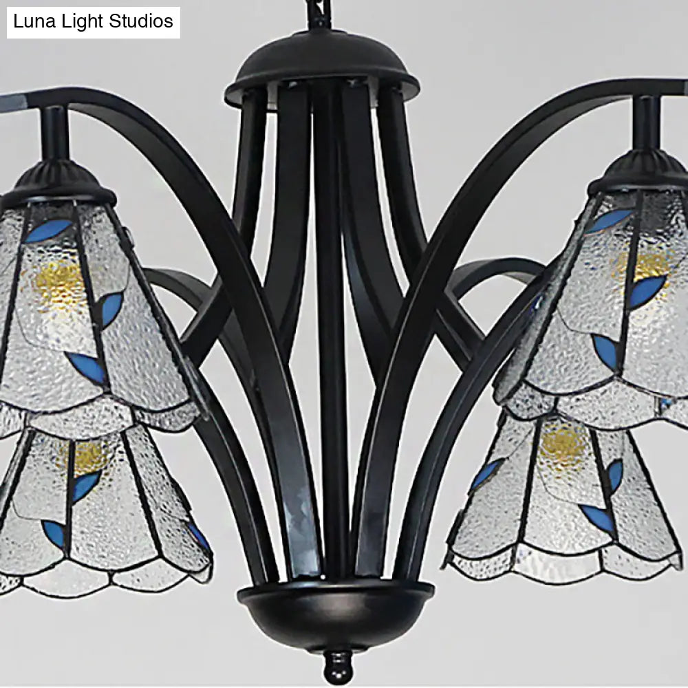 Stained Glass Cone Chandelier With Leaf Pattern - Traditional Ceiling Pendant Light In Blue/Green