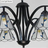 Stained Glass Cone Chandelier With Leaf Pattern - Traditional Ceiling Pendant Light In Blue/Green