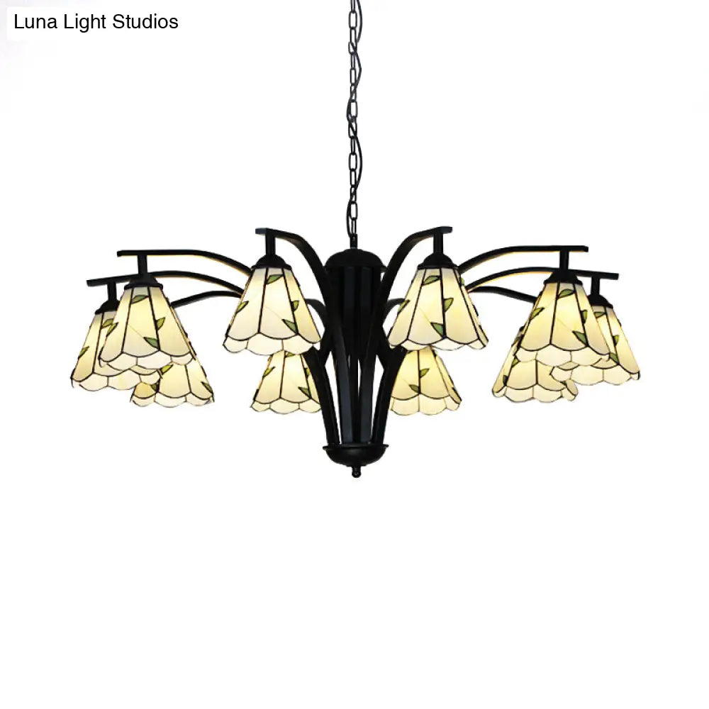 Stained Glass Cone Chandelier With Leaf Pattern - Traditional Ceiling Pendant Light In Blue/Green