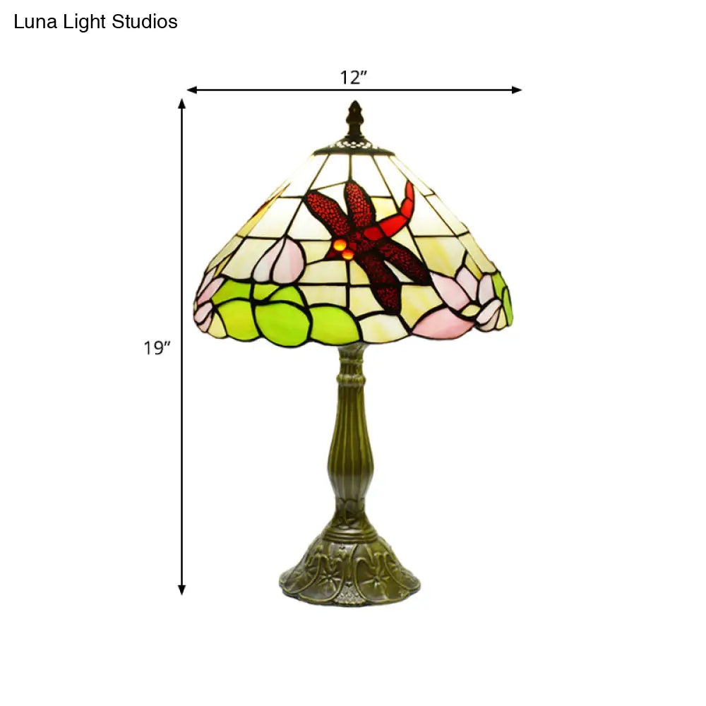 Stained Glass Cone Night Lamp Tiffany Bronze Finish - Handcrafted Dragonfly & Lotus Pattern 1-Light