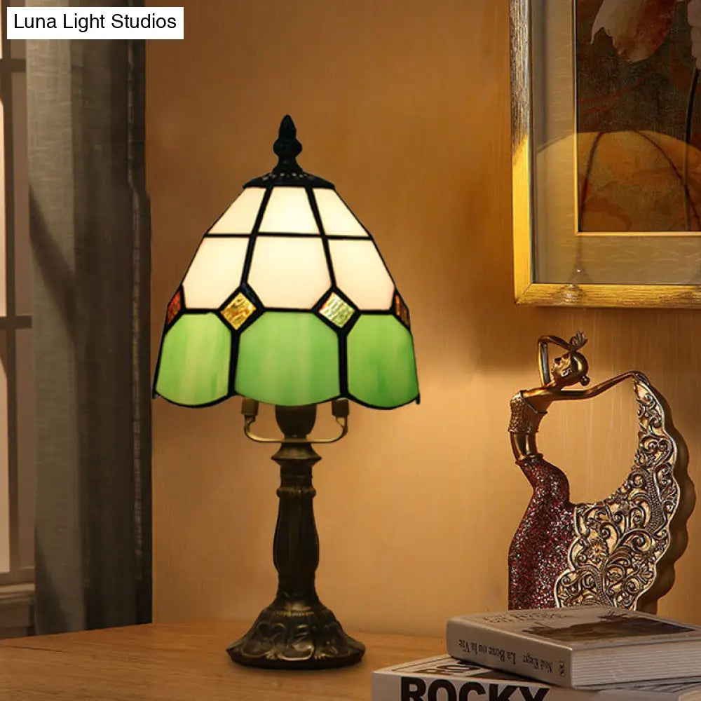 Stained Glass Dome Night Light - Artistic Mission Style Beige/Yellow/Orange Grid Pattern Ideal