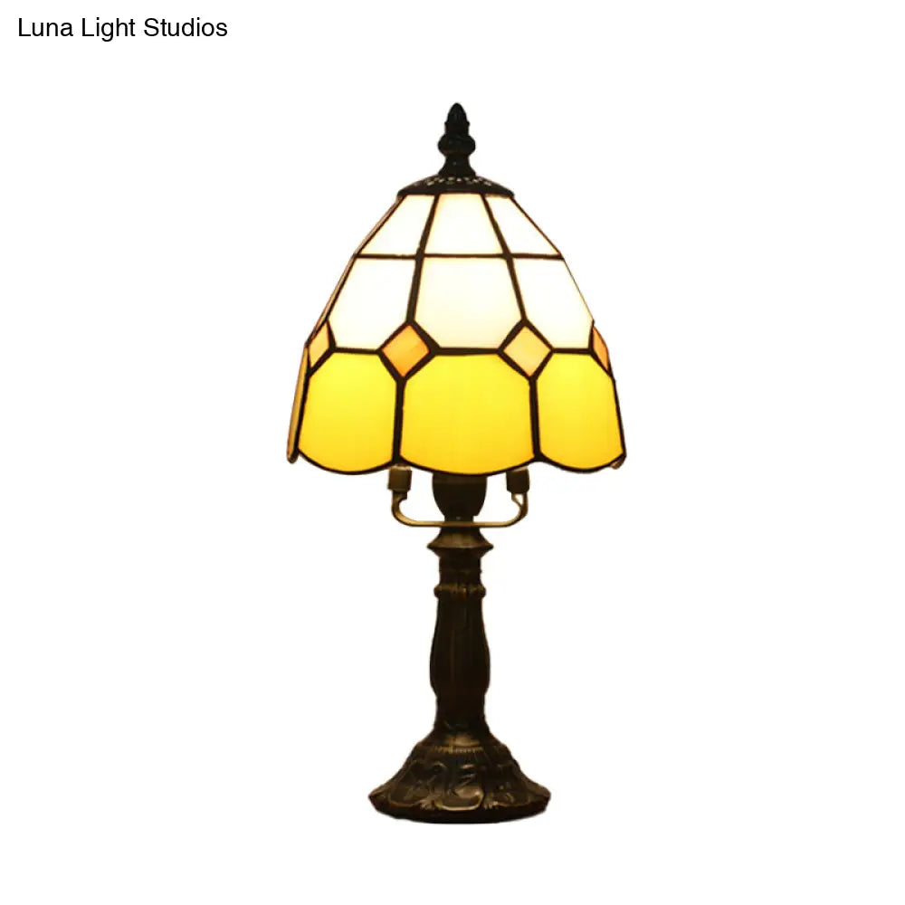 Stained Glass Dome Night Light - Artistic Mission Style Beige/Yellow/Orange Grid Pattern Ideal
