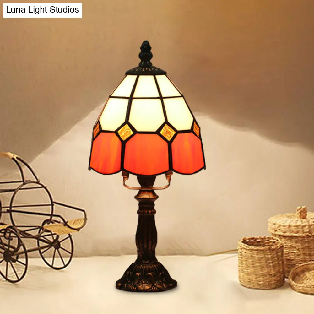 Stained Glass Dome Night Light - Artistic Mission Style Beige/Yellow/Orange Grid Pattern Ideal