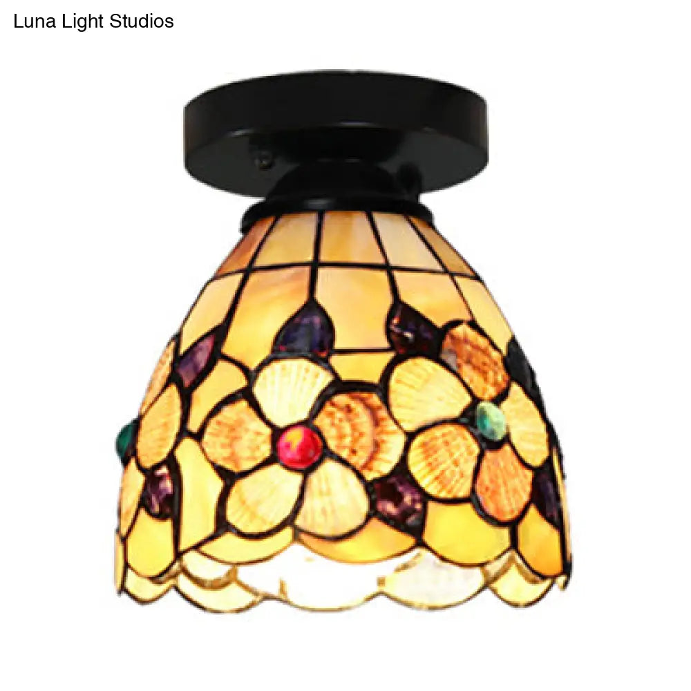 Stained Glass Flower Pattern Ceiling Light - Tiffany Style Flush Mount With 1 Bulb Black/Chrome