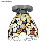 Stained Glass Flower Pattern Ceiling Light - Tiffany Style Flush Mount With 1 Bulb Black/Chrome