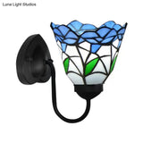 Stained Glass Flower Wall Sconce Light Fixture - Tiffany Style 1 Head White/Black/Sky Blue Living