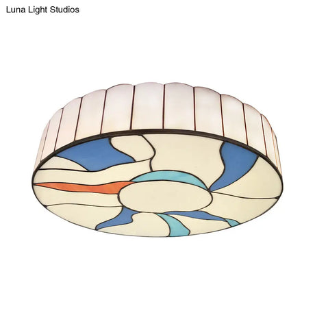 Stained Glass Flush Mount Ceiling Light In Modern Style - 16’/19.5’ White Drum Shade For Living Room