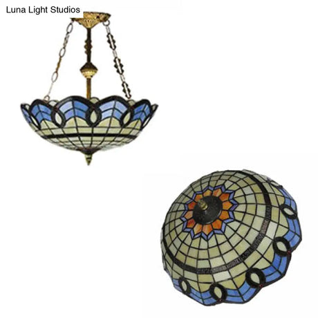 Stained Glass Inverted Ceiling Lamp - Tiffany Baroque Semi Flushmount Light In Beige/Yellow/Antique
