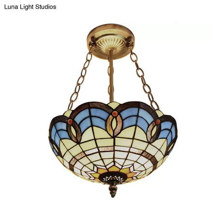 Stained Glass Inverted Ceiling Lamp - Tiffany Baroque Semi Flushmount Light In Beige/Yellow/Antique