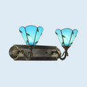 Stained Glass Leaf Wall Sconce Light With Cone Shade - Aged Brass Finish Ideal For Bedroom Blue