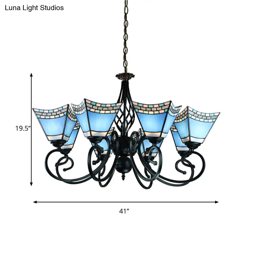 Stained Glass Nautical Chandelier With Pyramid Shade - Multi-Glass Living Room Lighting In Blue