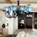 Stained Glass Nautical Chandelier With Pyramid Shade - Multi-Glass Living Room Lighting In Blue
