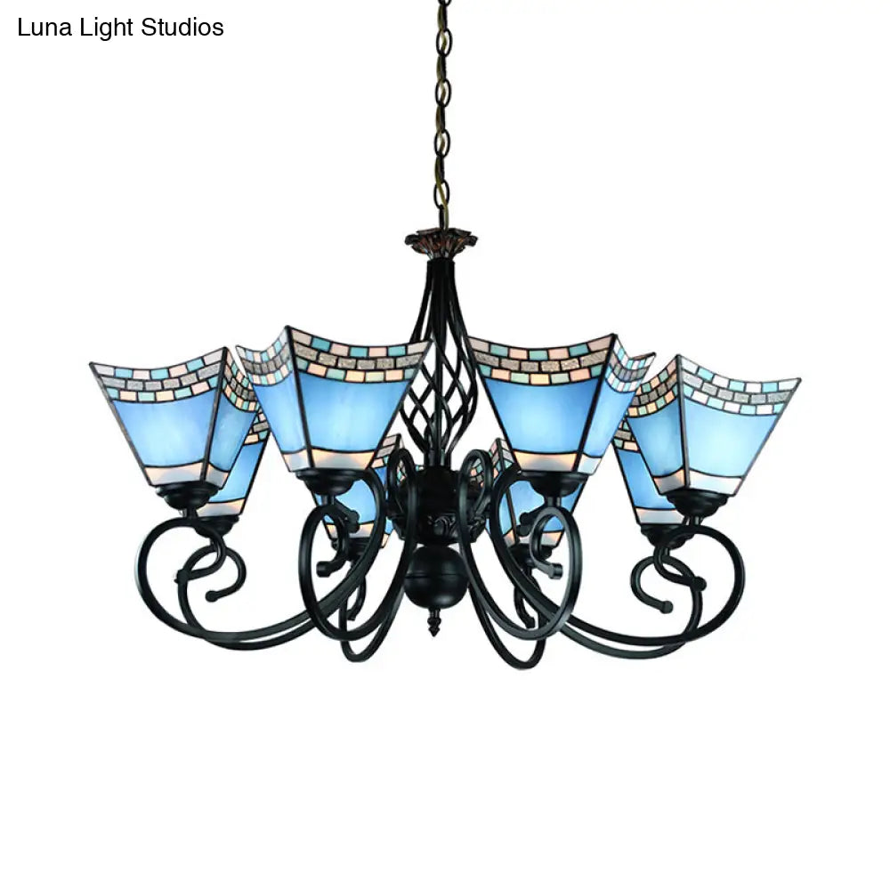 Stained Glass Nautical Chandelier With Pyramid Shade - Multi-Glass Living Room Lighting In Blue