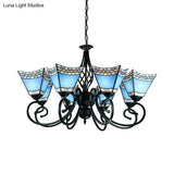 Stained Glass Nautical Chandelier With Pyramid Shade - Multi-Glass Living Room Lighting In Blue