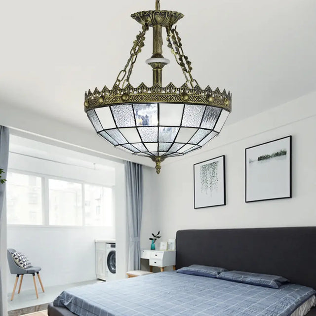 Stained Glass Pendant Lamp - Adjustable Chain 3 Lights Brass White