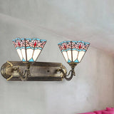 Stained Glass Pyramid Wall Sconce Light - Tiffany Style Aged Brass For Bedroom Blue