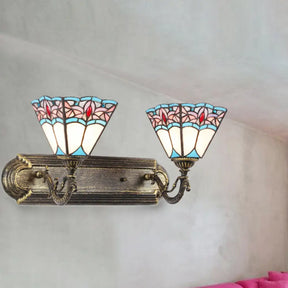 Stained Glass Pyramid Wall Sconce Light - Tiffany Style Aged Brass For Bedroom Blue