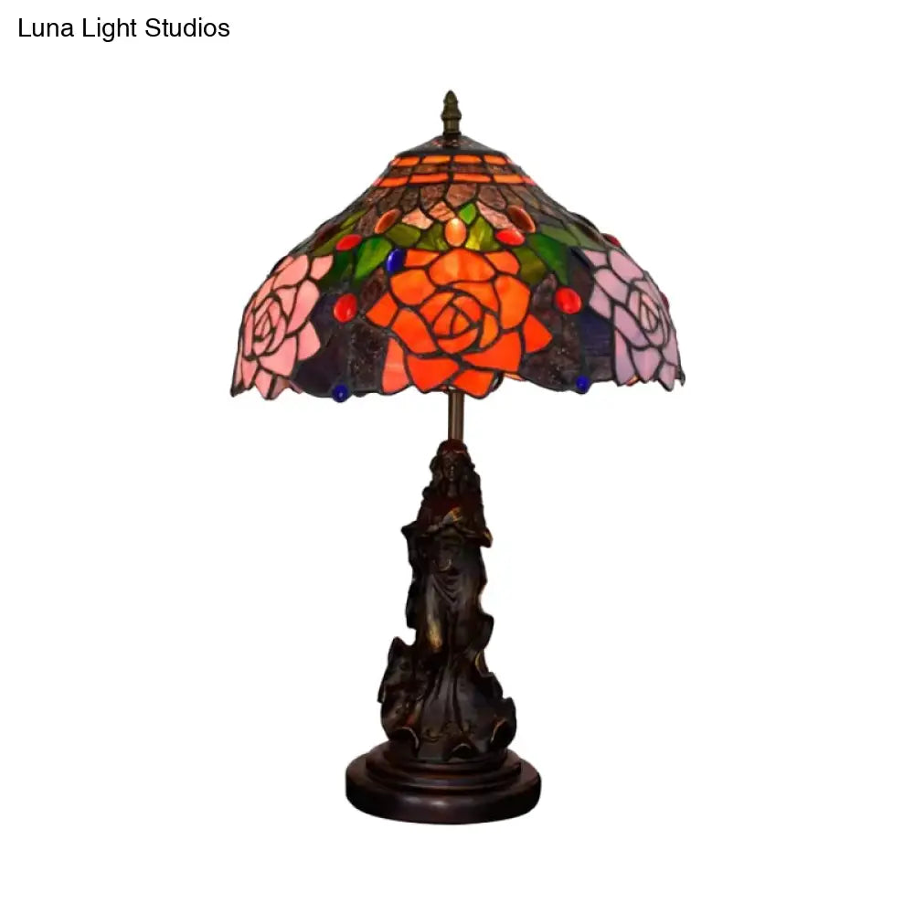 Stained Glass Red/Orange Night Light Flowering Tiffany-Style Table Lamp With Angel Statue