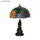 Stained Glass Red/Orange Night Light Flowering Tiffany-Style Table Lamp With Angel Statue